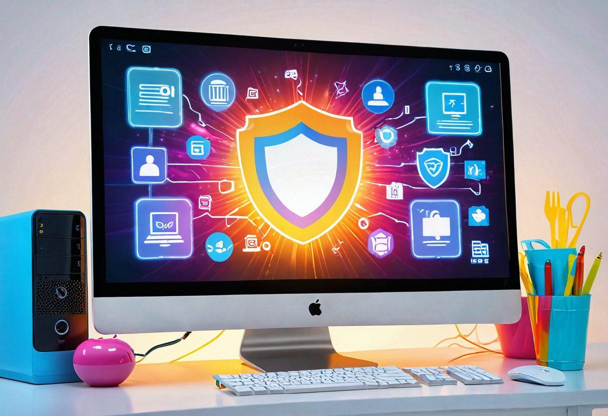 A radiant computer screen displaying a joyful online interface, surrounded by vibrant icons of reliable hosting symbols like shields and servers, with a backdrop of diverse happy users engaging with digital content. Sunlight streaming in to enhance the joyful atmosphere. super-realistic. vibrant colors. white background.